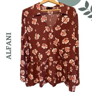 Alfani Faux Wrap Floral Long Sleeve Blouse Brick Red Pink Plus Size 3X